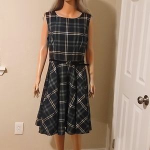 GRACE KARIN Boatneck Sleeveless Vintage Plaid Tea Dress with Belt